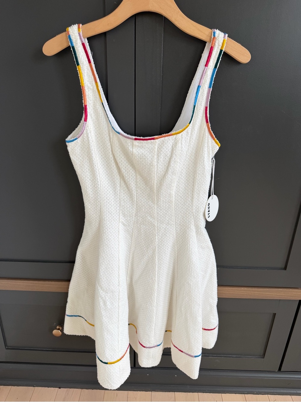 STAUD Wells Embroidered White Minidress with Multicolor Trim | 6 | NWT - Picture 2 of 14